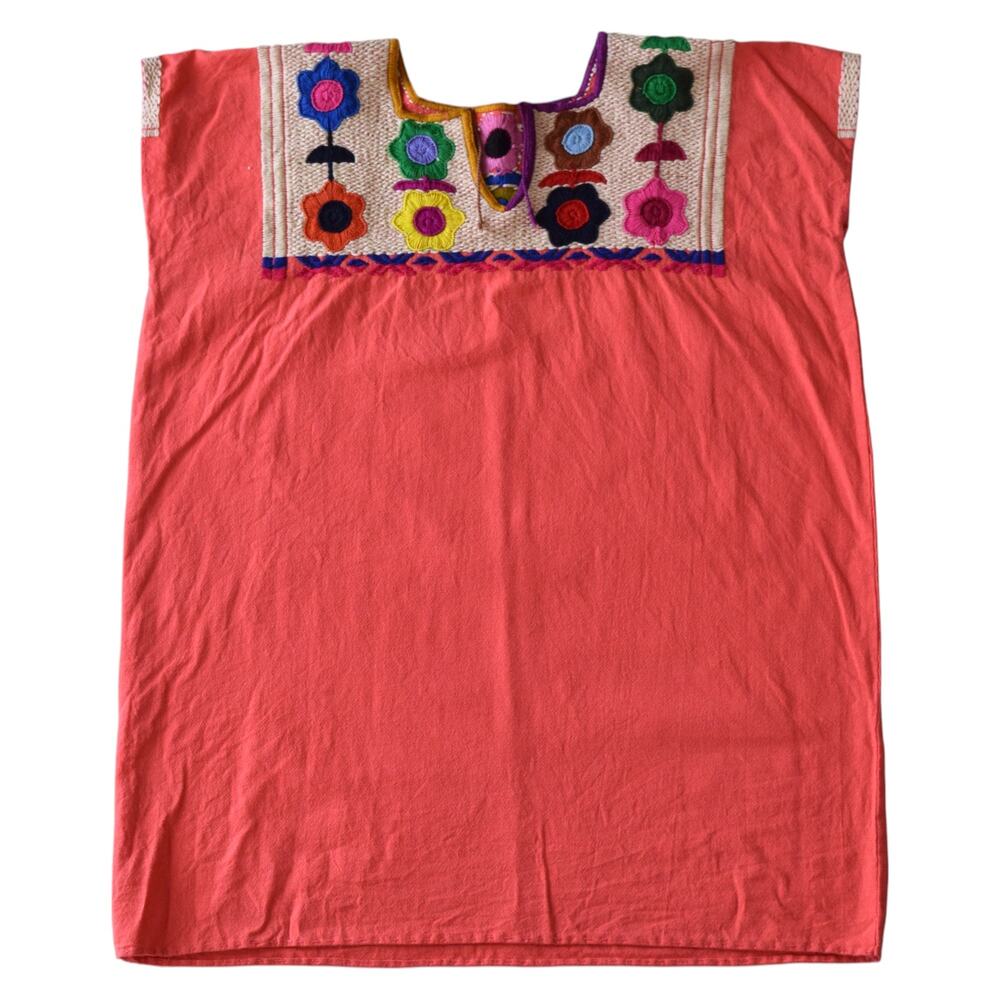 Vintage Mexican Embroidered Huipil Coral Floral Blouse (Size XS-M)